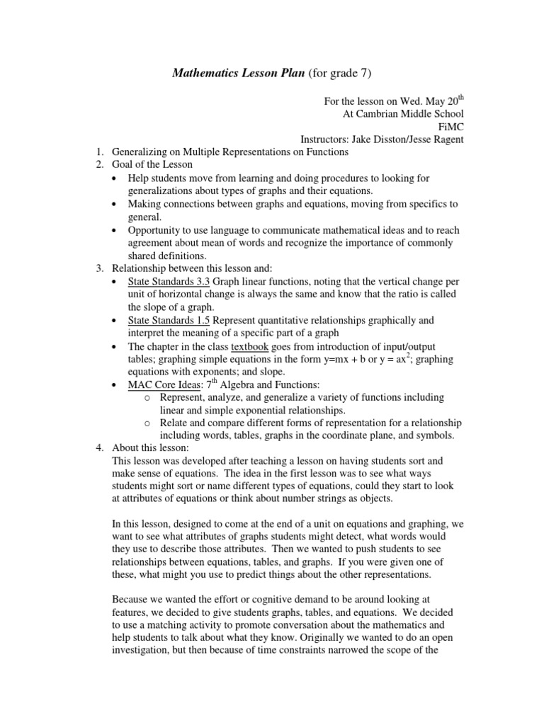 Mathematics Lesson Plan (For Grade 7) | PDF | Function (Mathematics ...
