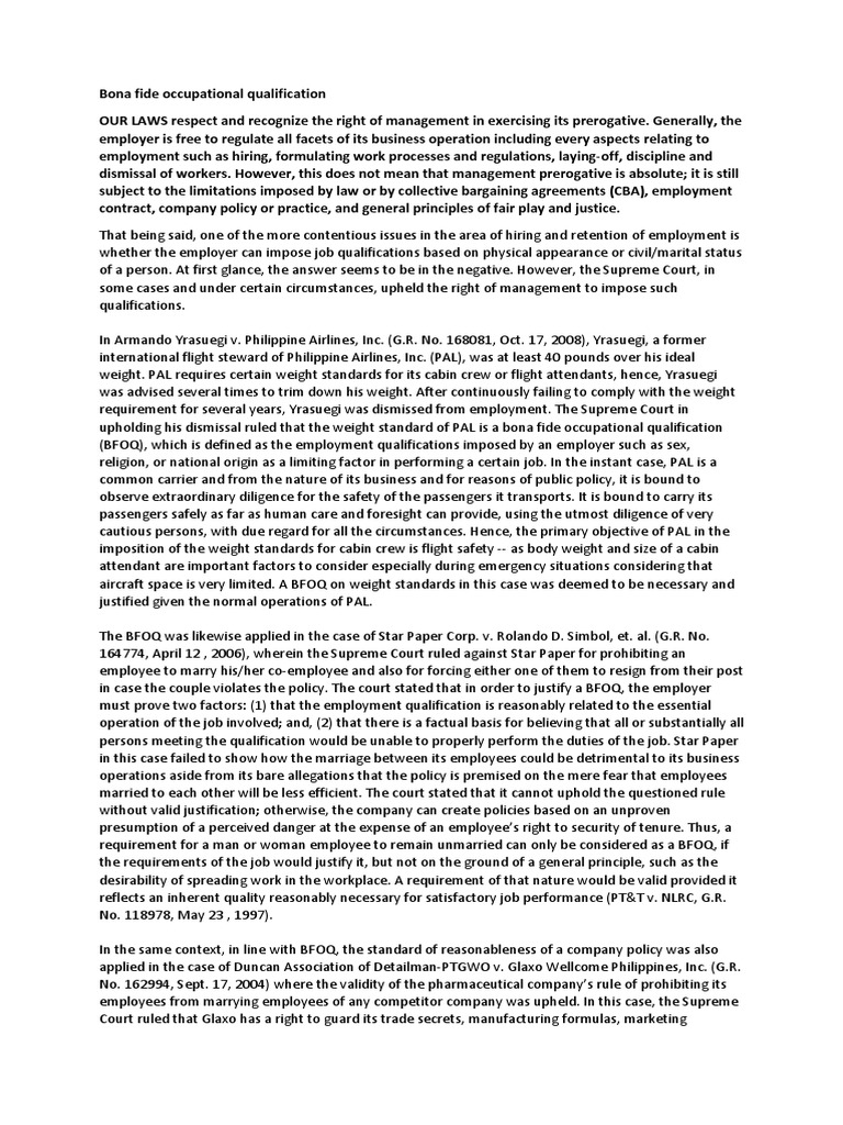 Bona Fide Occupational Qualification | PDF | Employment | Labour Law