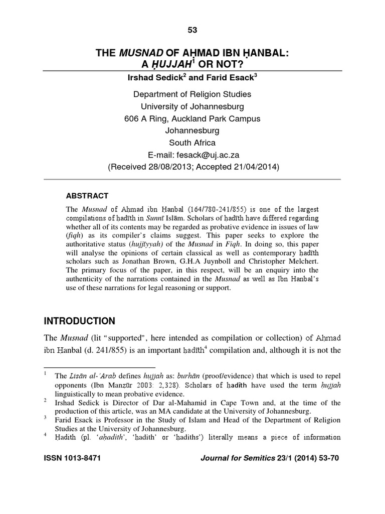 Authenticity of Musnad Ahmad in Fiqh | PDF | Hadith | Sahabah