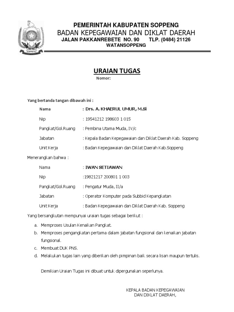 Contoh Surat Keterangan Uraian Tugas Untuk Penyesuaian Ijazah