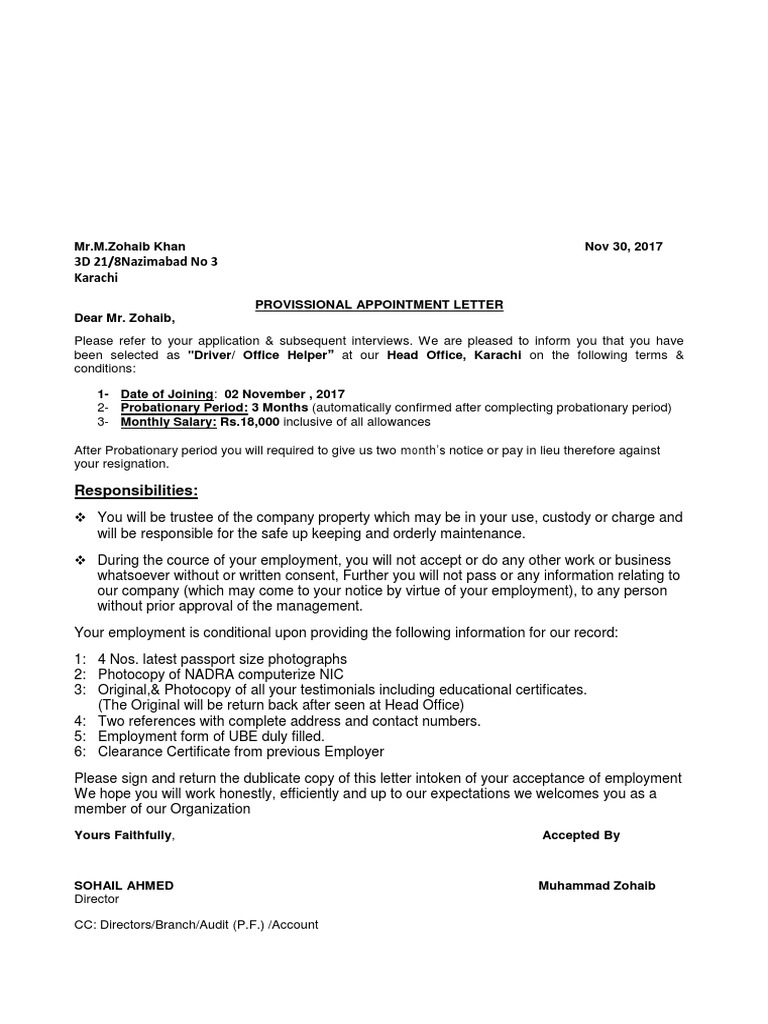 Provisional Appointment Letter for Driver | PDF
