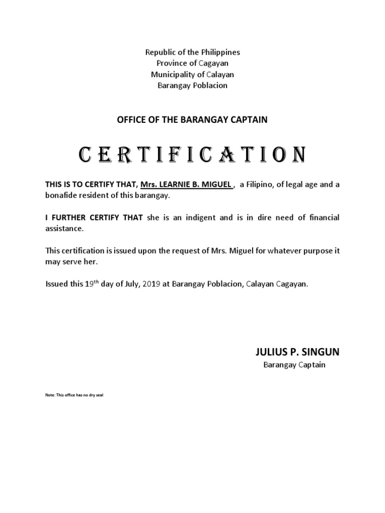 Certification Office of The Barangay Captain PDF