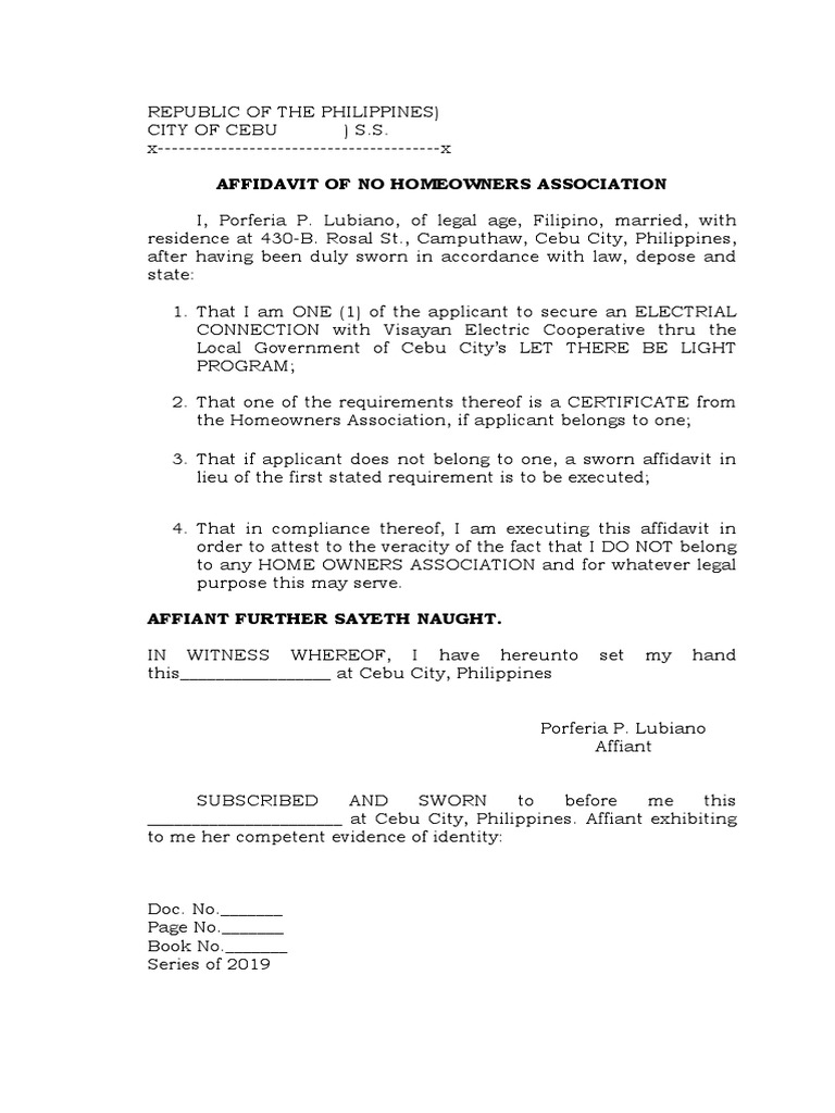 Affidavit of No Homeowners Association PDF