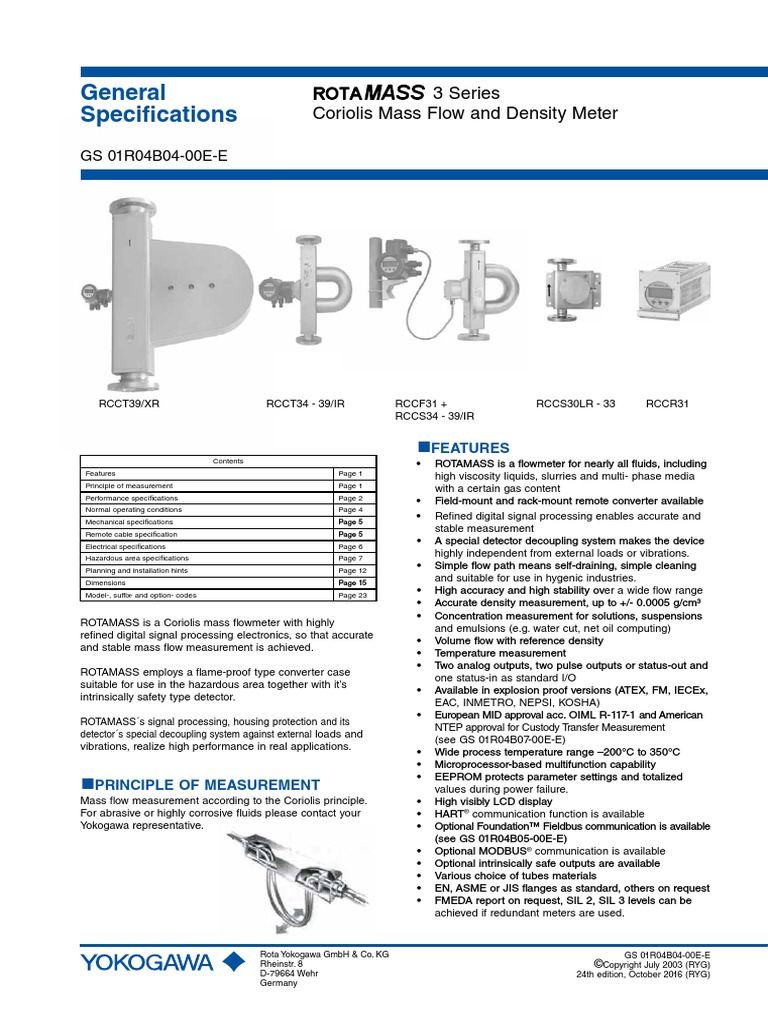 RotaMASS 3 Series Coriolis Mass Flow & Density Meter PDF | PDF | Fluid ...