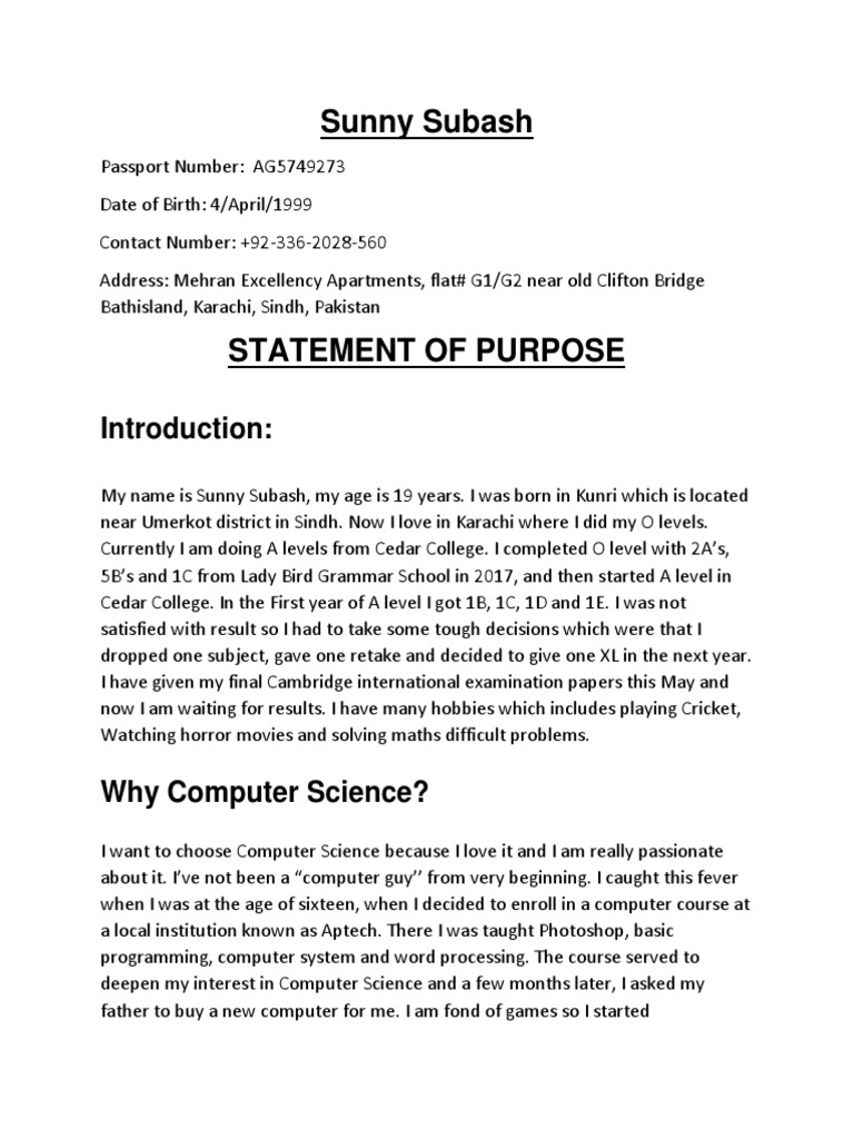 Sunny Subash's Computer Science SOP | PDF | Travel Visa | Computer Science