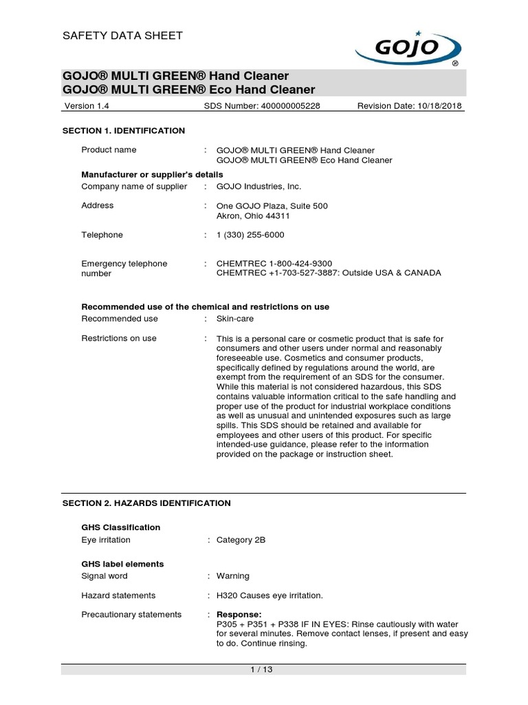 Gojo Multi Green Hand Cleaner Msds PDF Toxicity Occupational