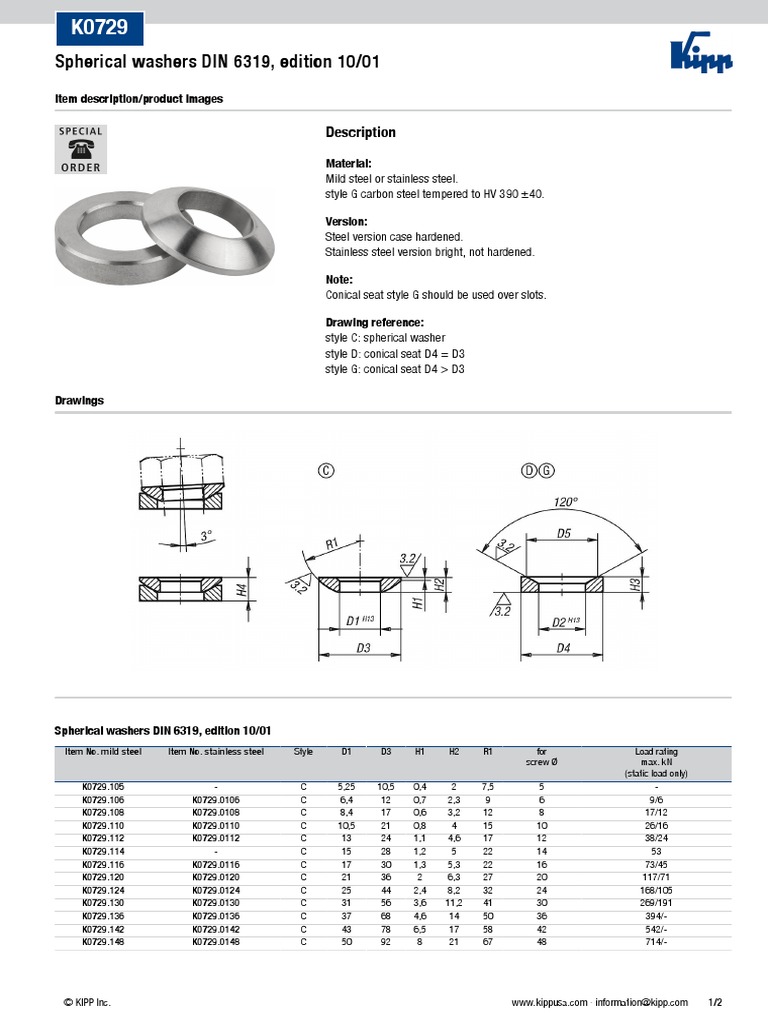K0729 Datasheet 19574 Spherical Washers DIN 6319 Edition 10 01 EnUS