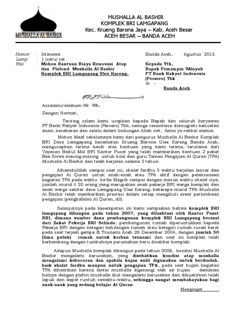 Surat Permohonan Renovasi Mushala Ke Ybm Bri