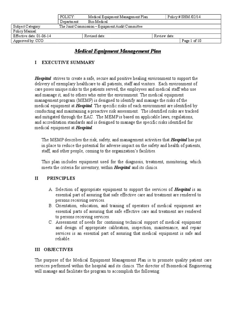 Medical Equipment Management Plan | PDF | Biomedical Engineering | Hospital
