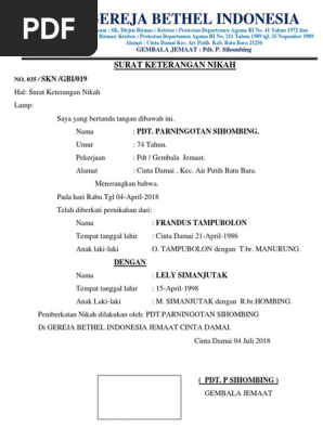 Surat Keterangan Nikah Gereja Bethel Indonesia