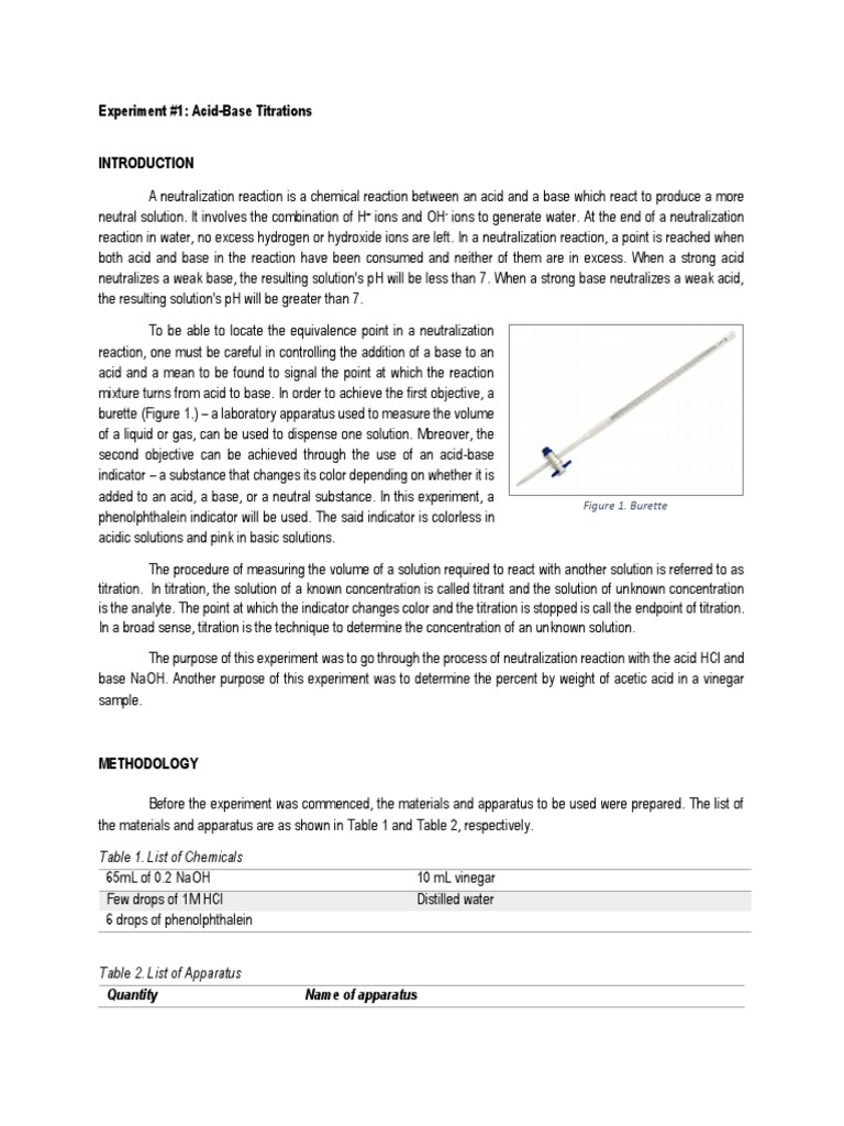Experiment 1 AcidBase Titrations Table 1. List of Chemicals PDF
