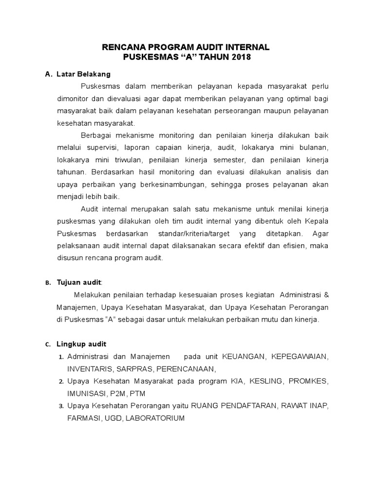 Kerangka Acuan Kegiatan Audit Internal Puskesmas Tahun 20181 | PDF | Bisnis