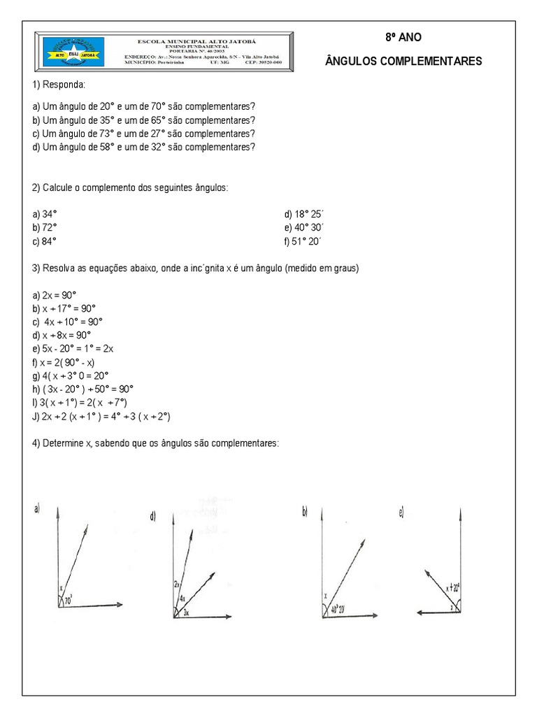 Ângulos Complementares e Suplementares | PDF | Ensino de Matemática ...