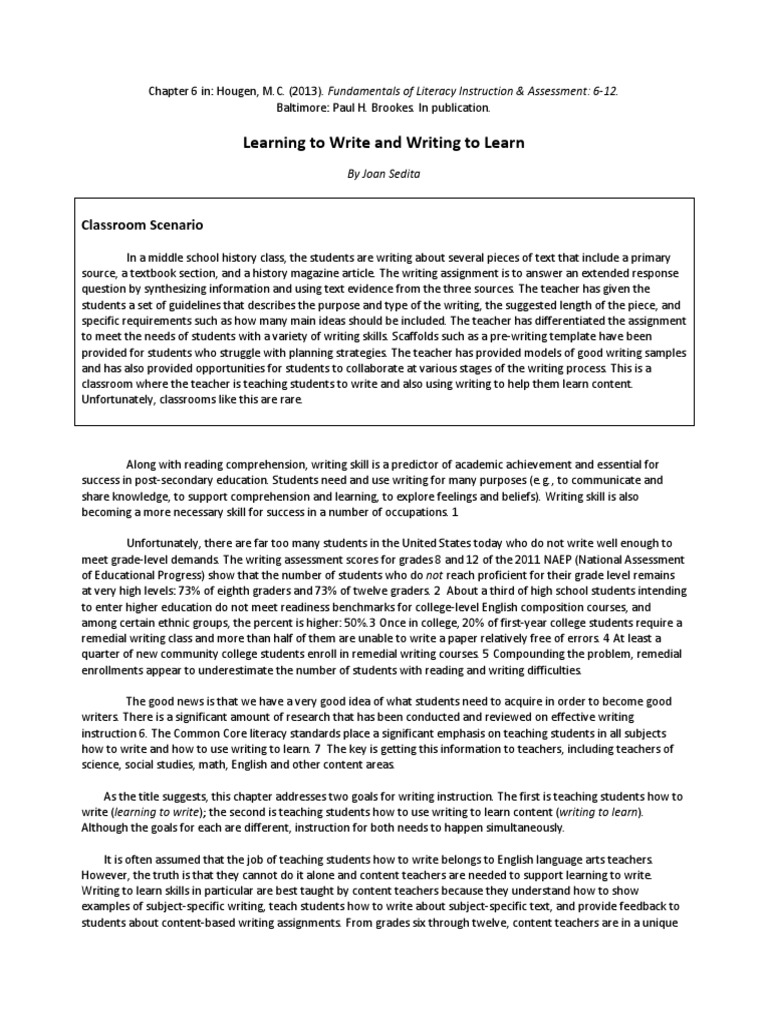 Learning To Write and Writing To Learn Classroom Scenario PDF Rubric (Academic) Reading