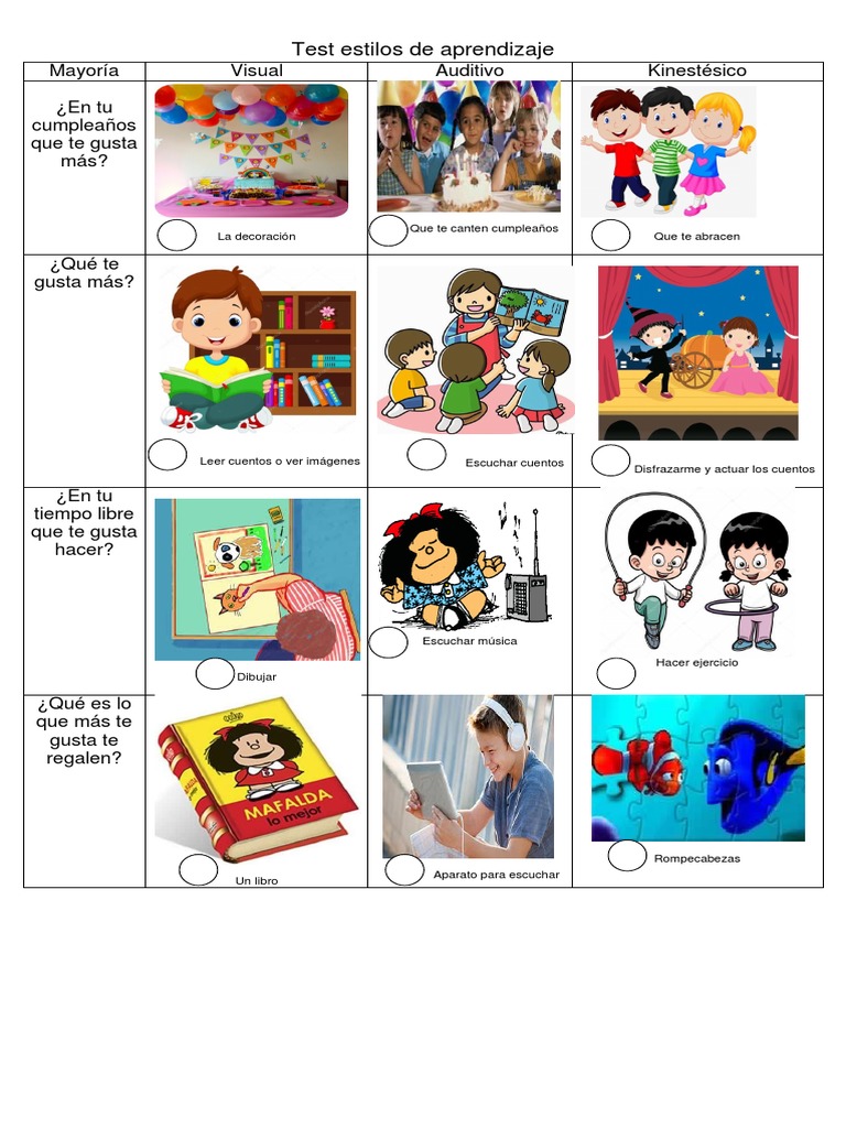 Test de Estilos de Aprendizaje Infantil | PDF | Enseñando y aprendiendo ...