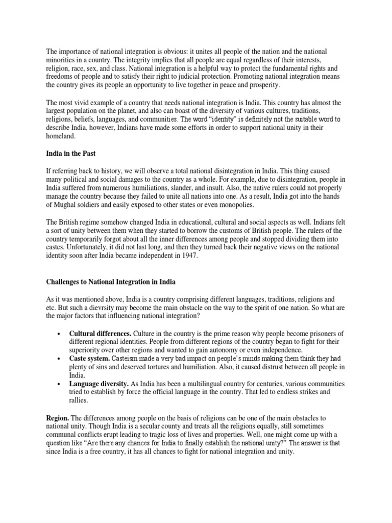 Importance of National Integration in India | PDF | Multiculturalism ...