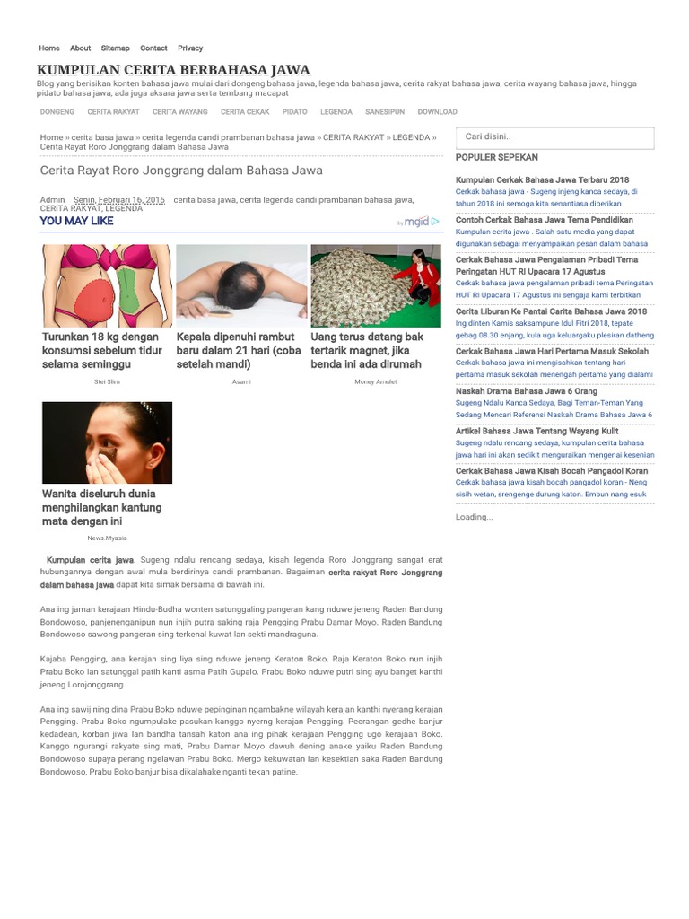 Cerita Rayat Roro Jonggrang Dalam Bahasa Jawa