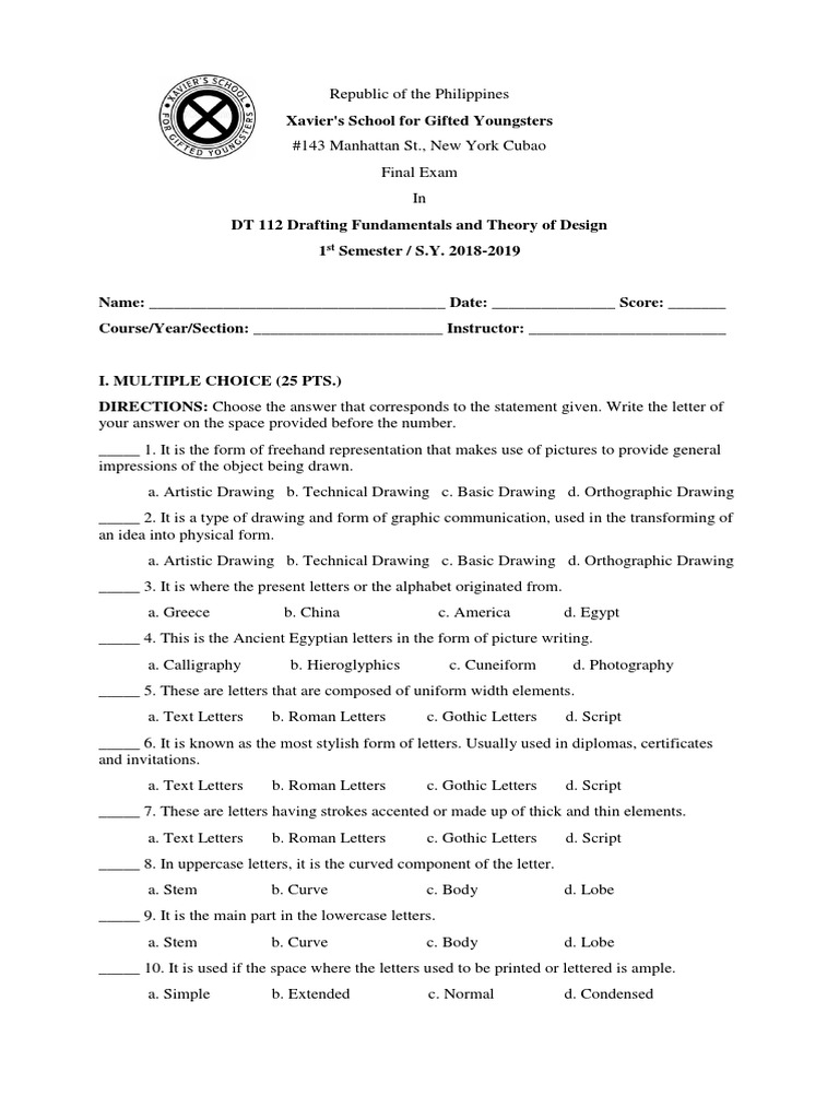 Drafting Fundamentals Exam 2018-2019 | PDF | Technical Drawing | Writing