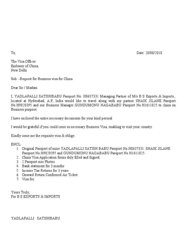 invitation letter tourist for china visa Visa y Satish Covering China Letter Babu
