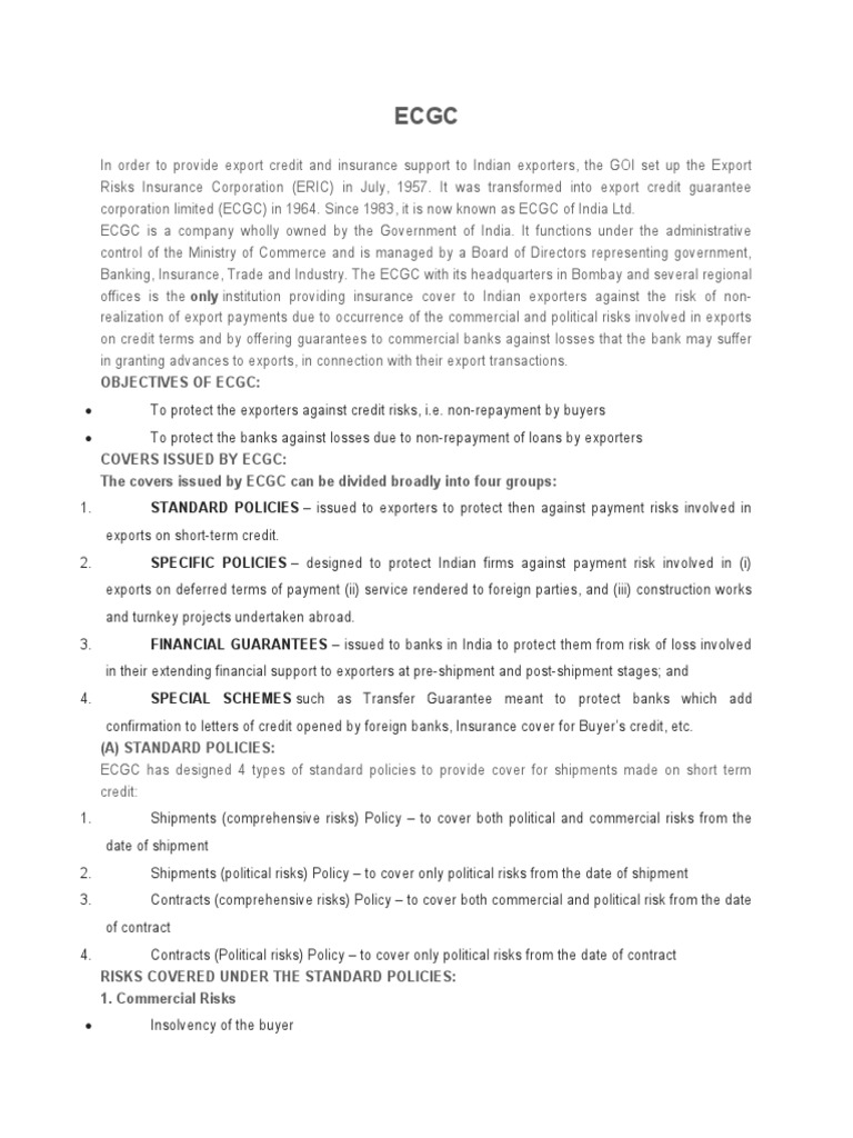 Objectives of ECGC Explained | PDF | Letter Of Credit | Finance & Money ...