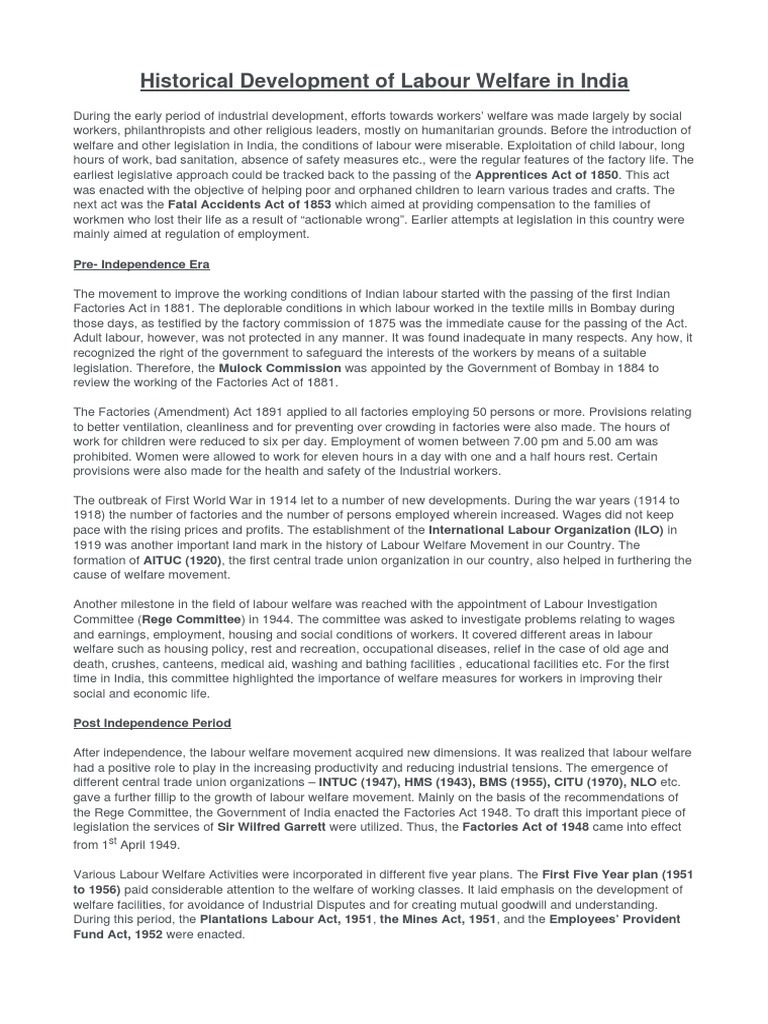 Evolution of Labour Welfare in India | PDF | Labour Law | Employment