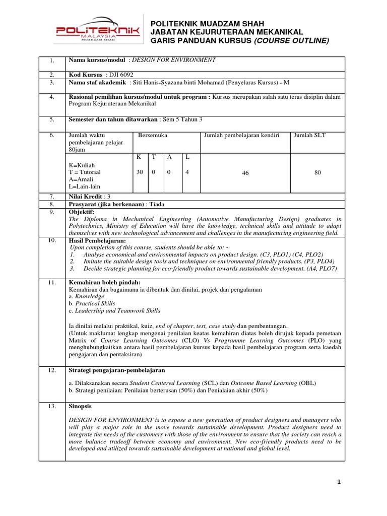 Course Outline for Design for Environment | PDF | Life Cycle Assessment ...