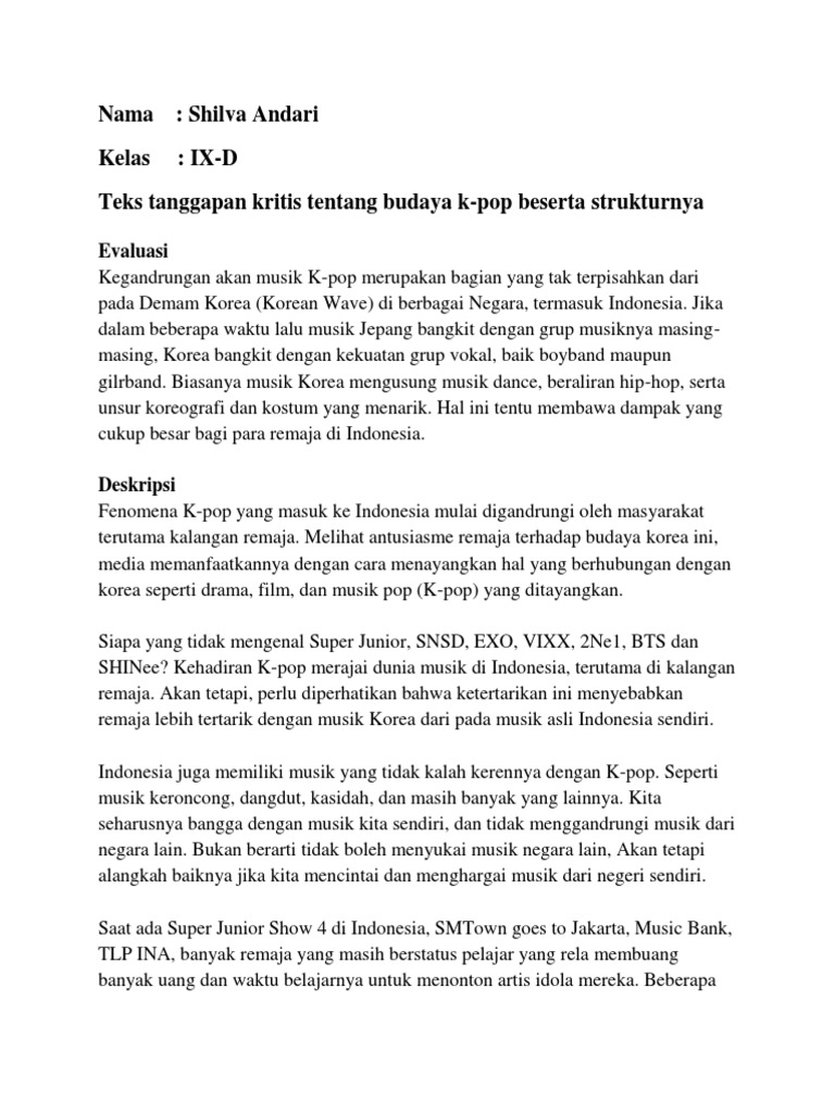 Teks Tanggapan Kritis Budaya K Pop Berbagi Teks Penting