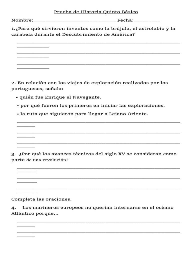 Prueba de Historia Quinto Básico PDF Imperio español Cristobal colon