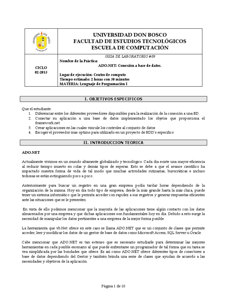 Guia 9 PDF | PDF | Active X Data Objects | Servidor SQL de Microsoft