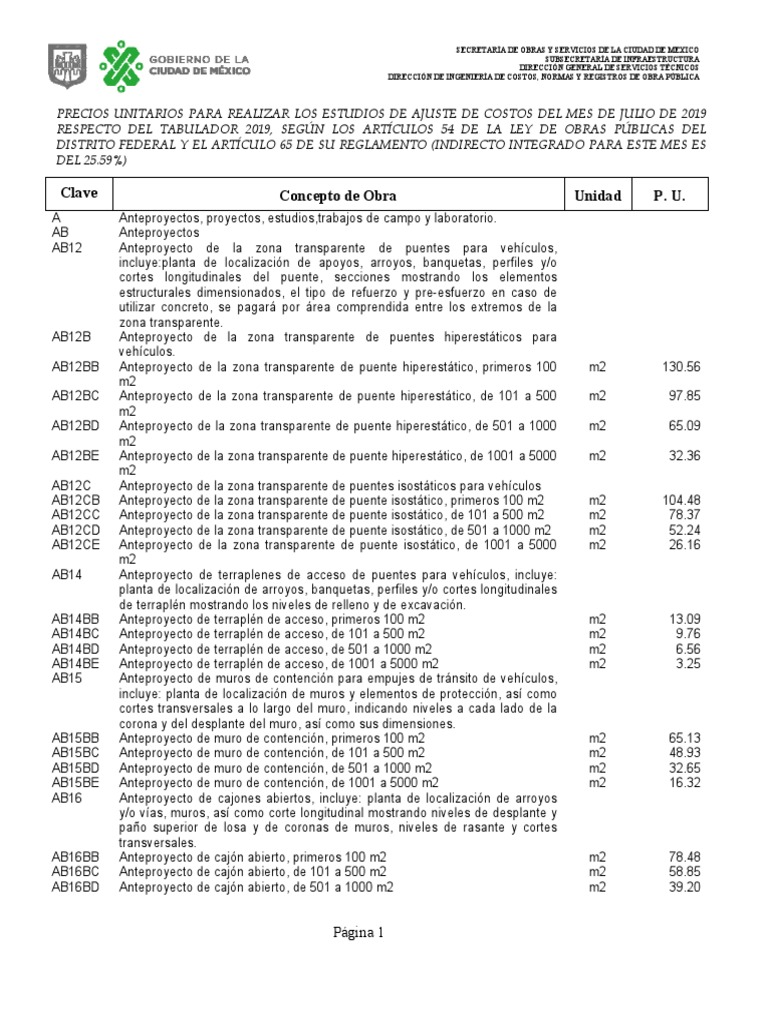 Tabulador de Precios Unitarios, PDF, Hormigón