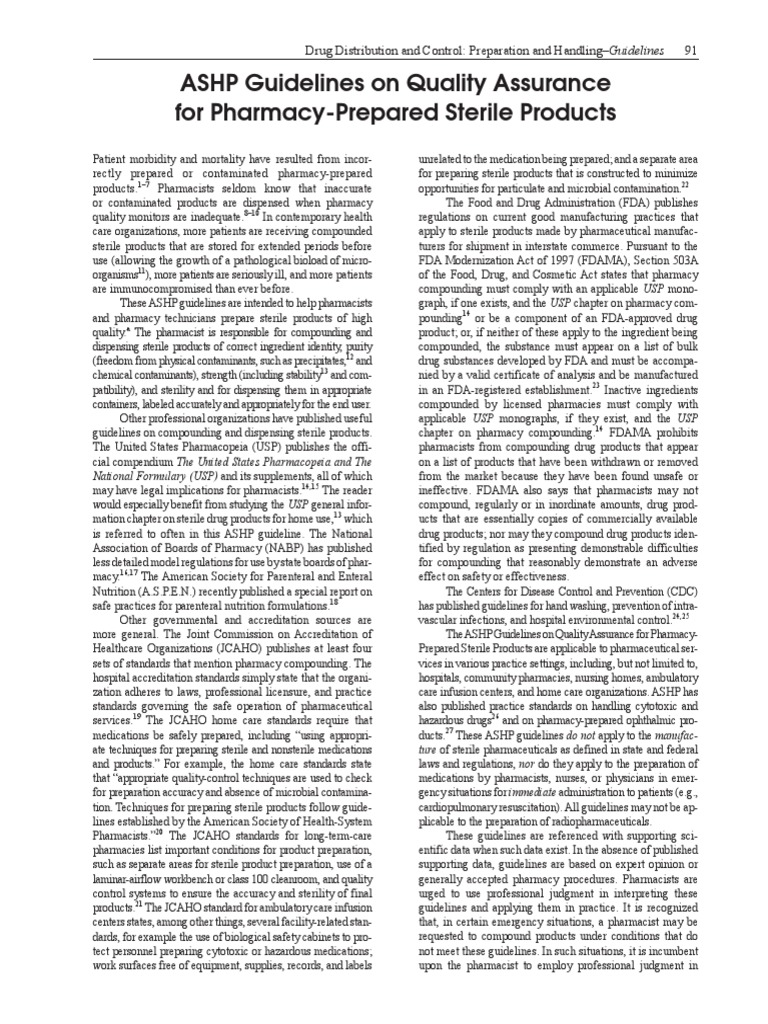 Ashp Guidelines On Quality Assurance For Pharmacy-Prepared Sterile ...