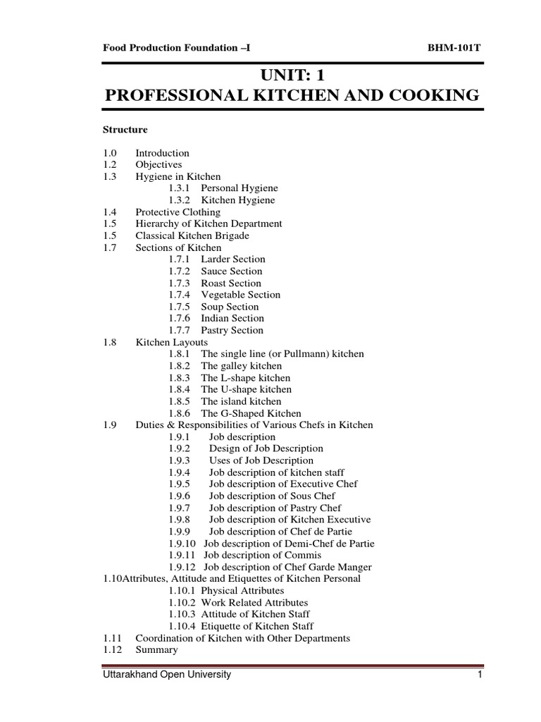 Unit 1 Professional Kitchen And Cooking Pdf Chef Kitchen