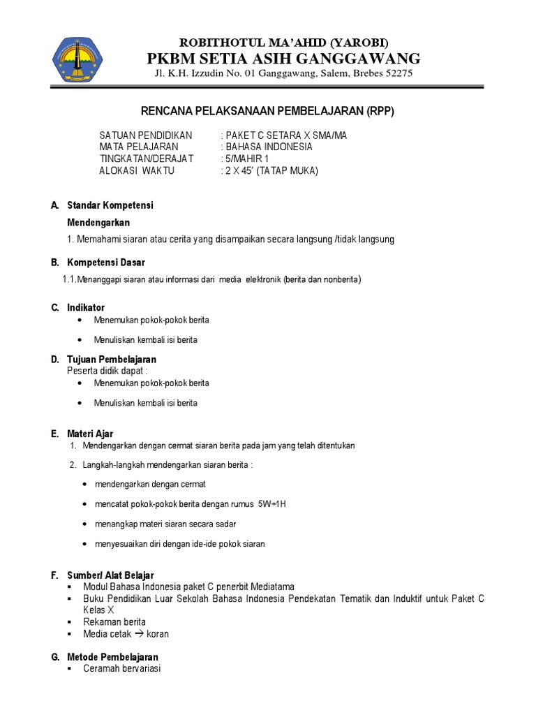 RPP Bahasa Indonesia Paket C | PDF | Karier & Perkembangan | Kajian ...