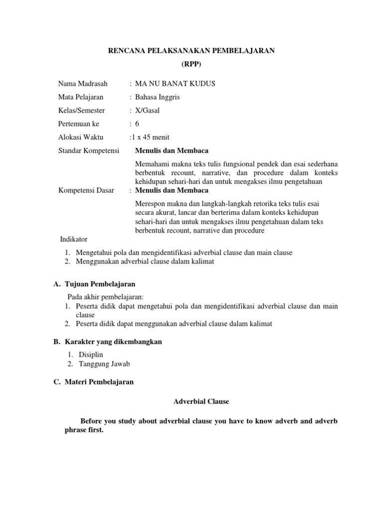 Rpp Adverbial Clause Docx Adverb Semantic Units