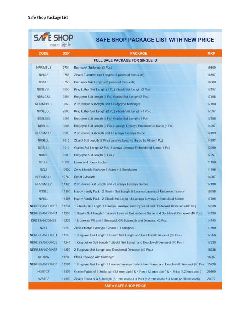Safe Shop Product Price List PDF