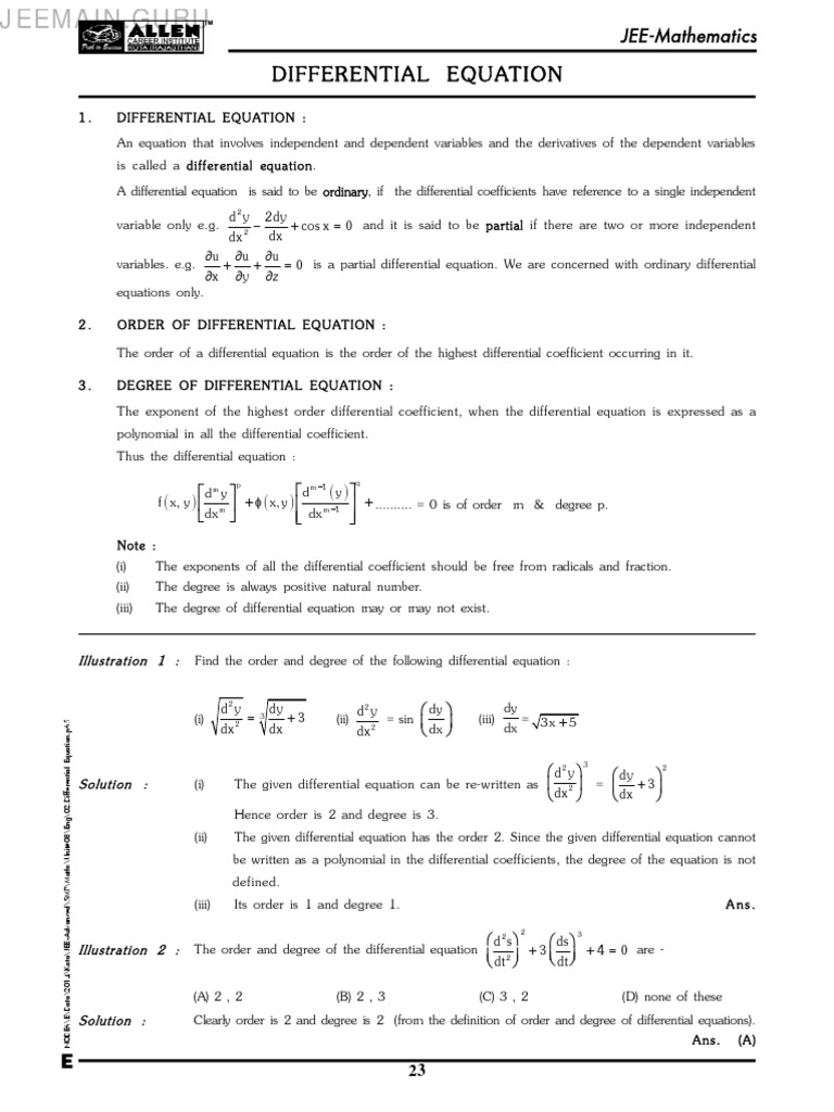 02 Differential Equation Jeemain Guru Pdf Equations Ordinary Differential Equation