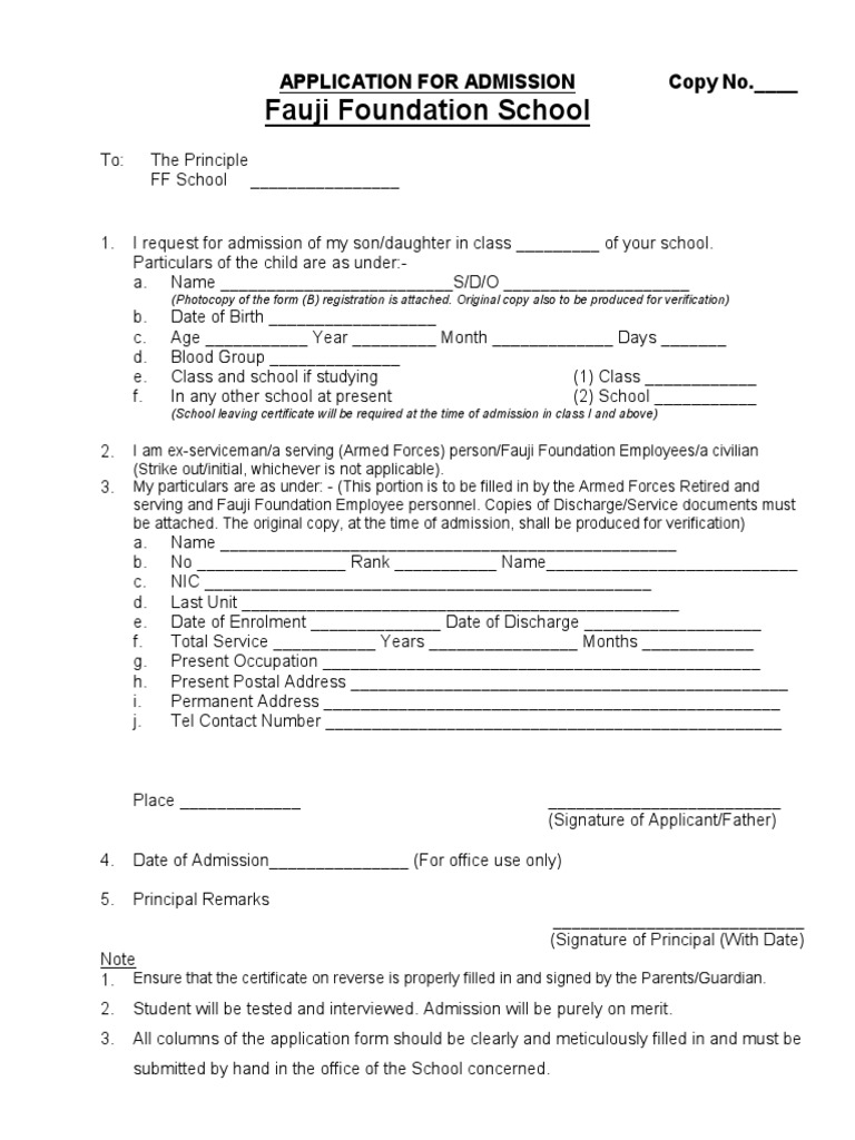 Fauji Foundation School: Application For Admission Copy No. | PDF ...