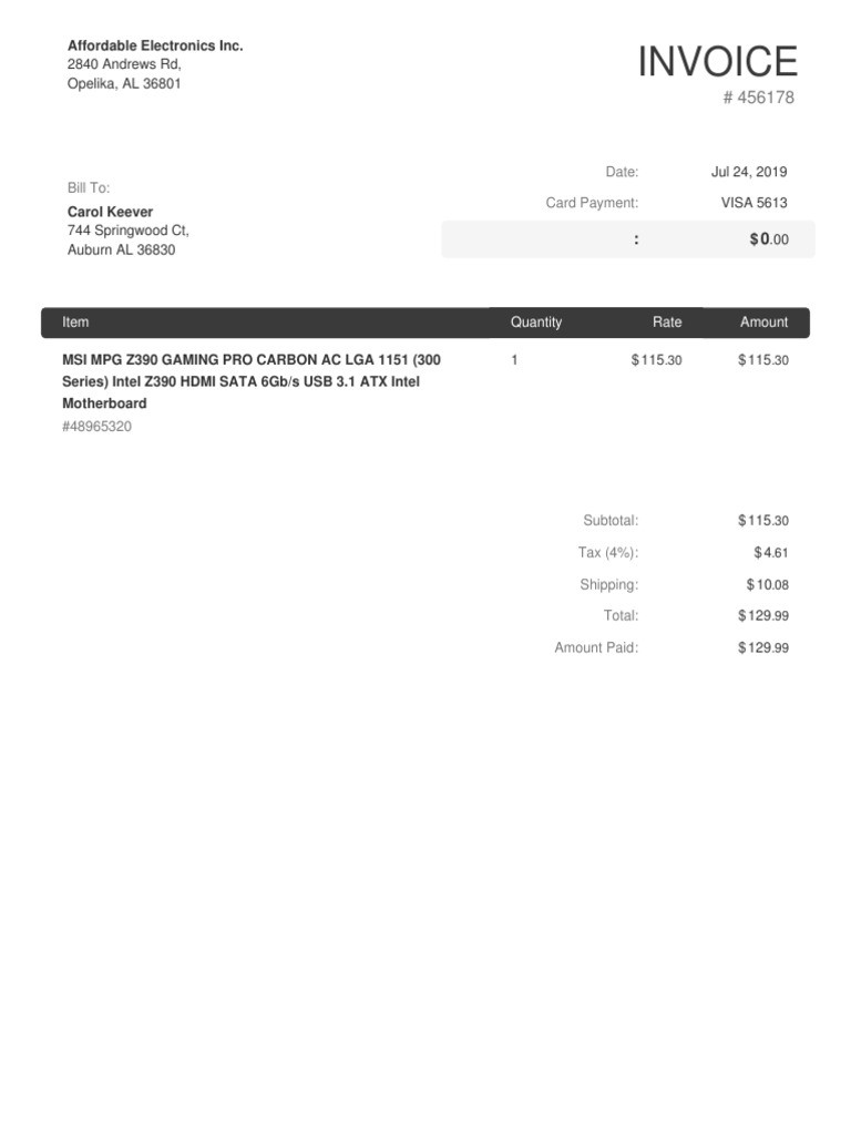 Invoice for MSI MPG Z390 Motherboard | PDF