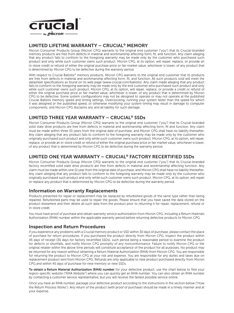 Limited Lifetime Warranty Crucial Memory PDF Solid State Drive