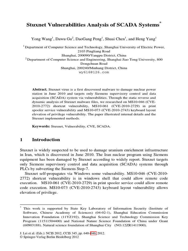 Stuxnet Vulnerabilities Analysis Of Scada Systems Download Free Pdf