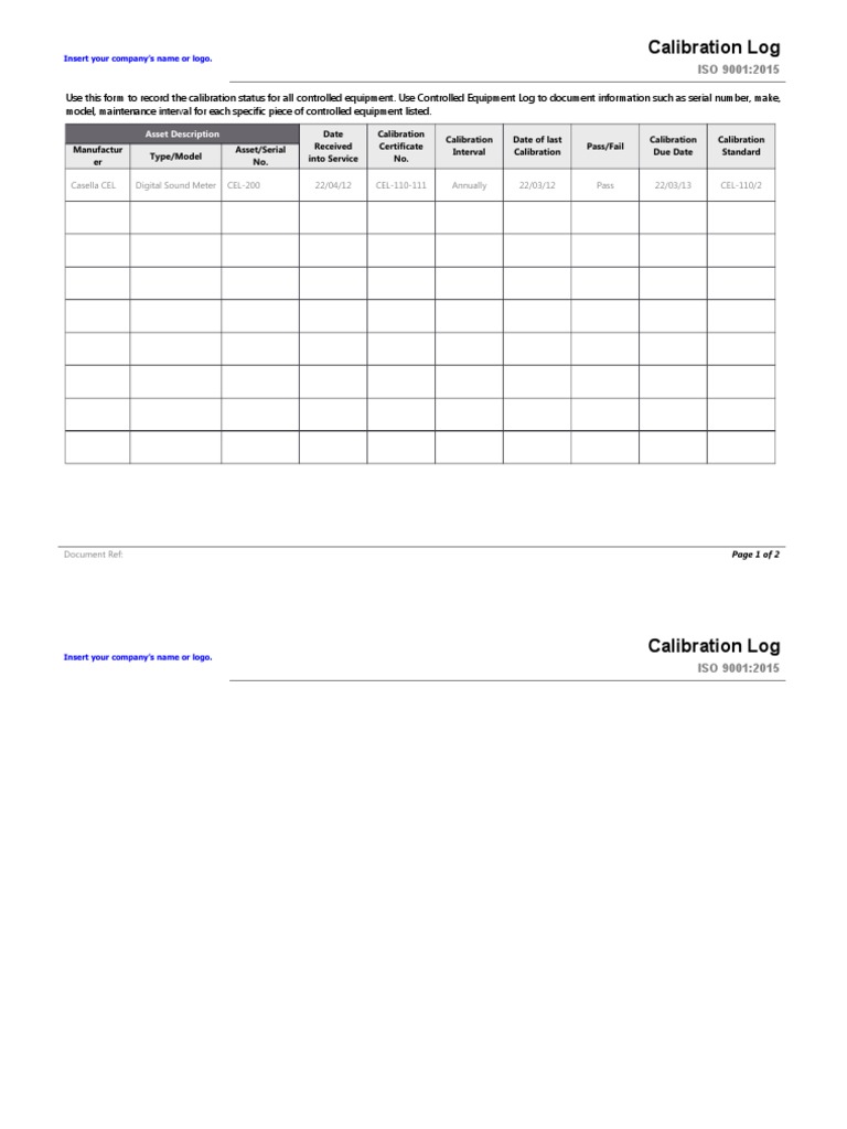 ISO 9001 Calibration Log Template | PDF