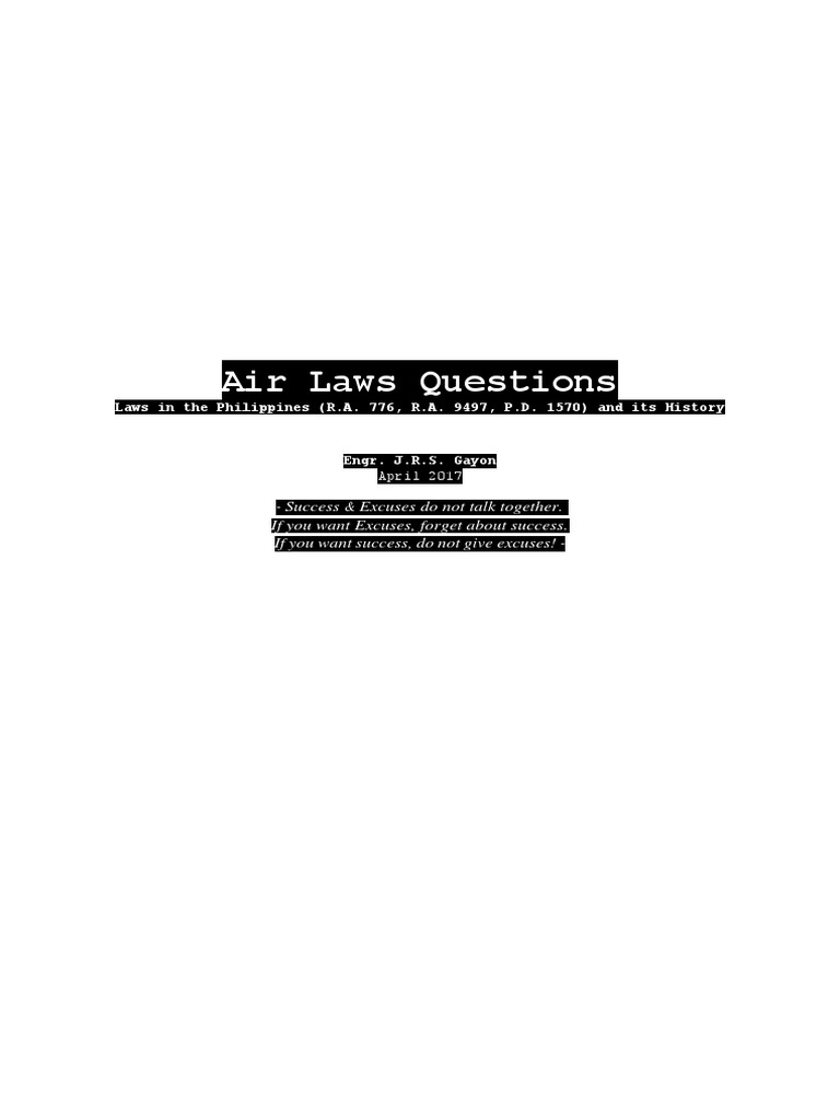 Air Laws Questions Laws in The Philippines (R.A. 776, R.A. 9497, P.D