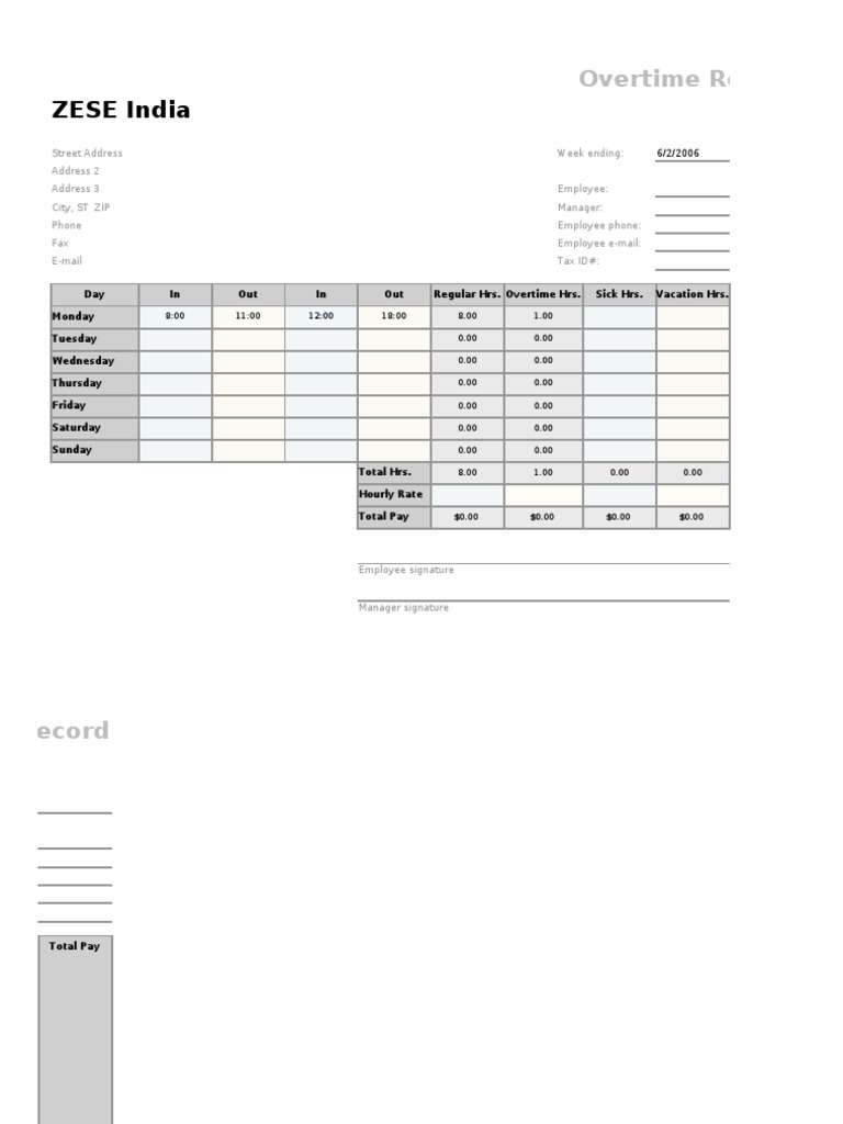 Overtime Record Template for Employees | PDF