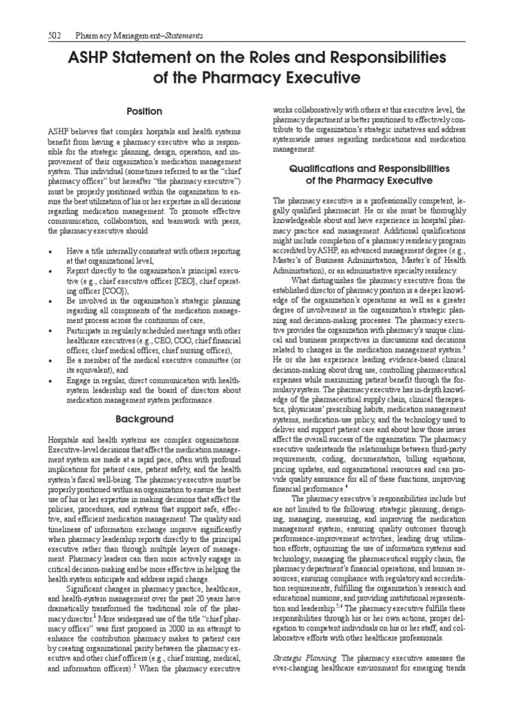 Roles and Responsibilities Pharmacy Executive PDF Pharmacy