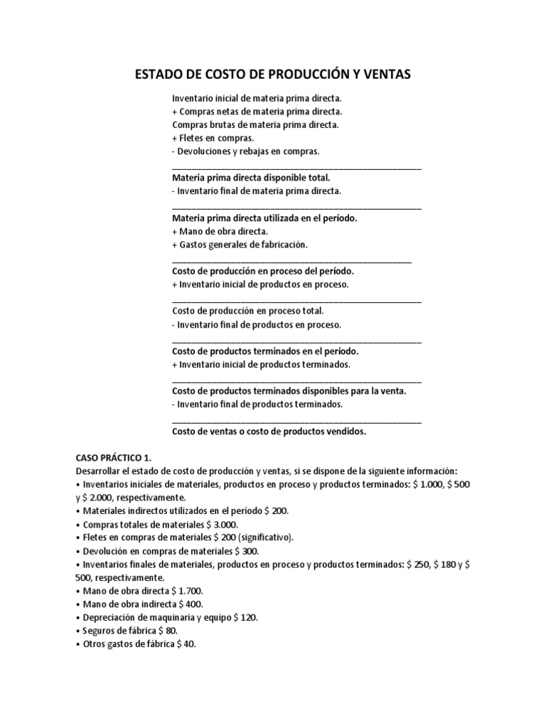 Estado de Costo de Producción y Ventas | PDF | Inventario | Depreciación