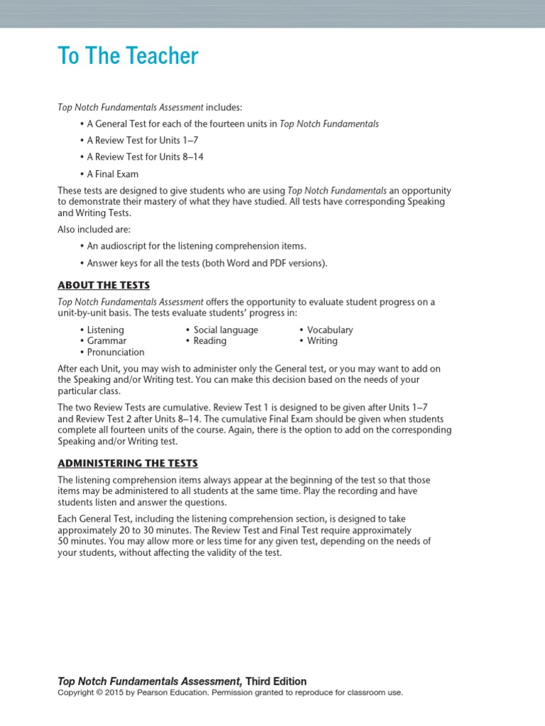 Top Notch Fundamentals Assessment To The Teacher PDF | PDF | Test ...