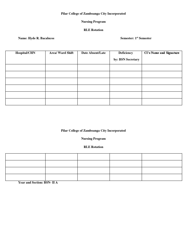 Pilar College Nursing RLE Rotation Log | PDF