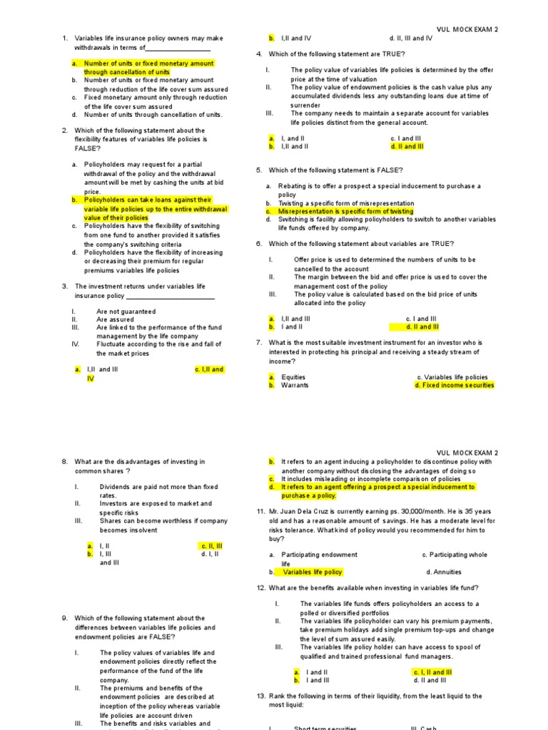 VUL Mock Exam Life Insurance Insurance