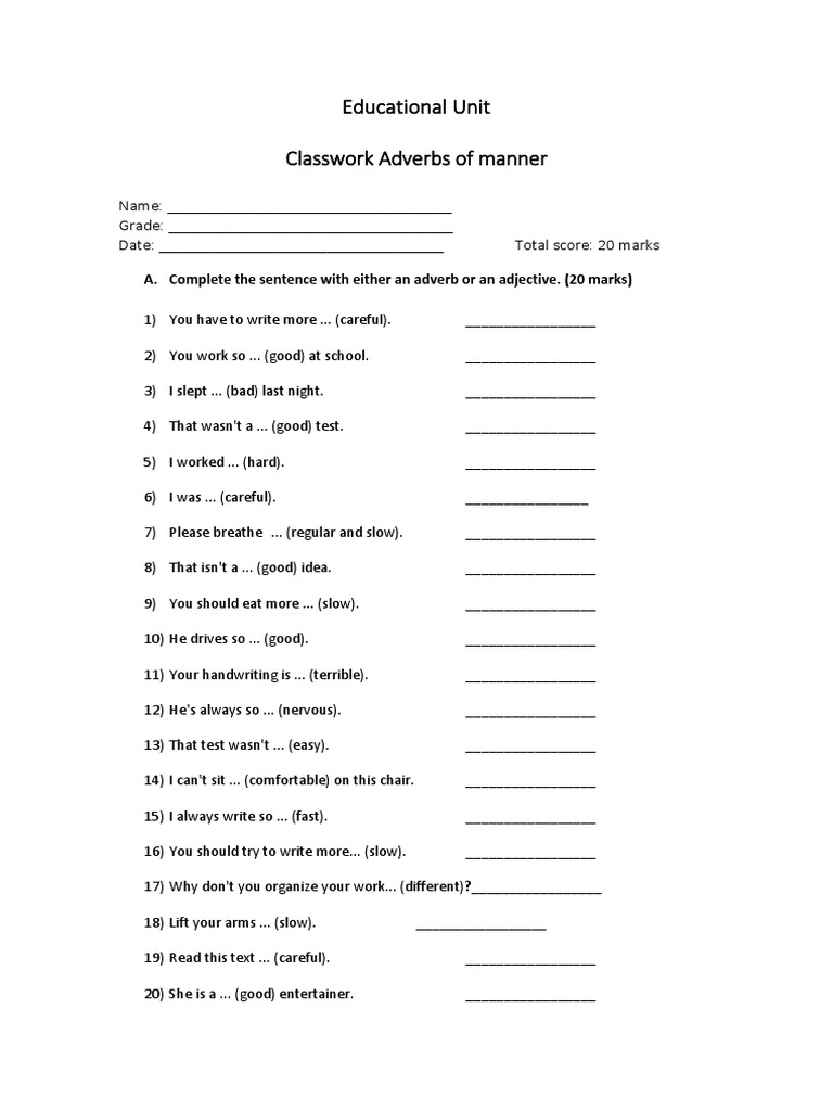 Educational Unit Classwork Adverbs of Manner | PDF | Language Arts ...