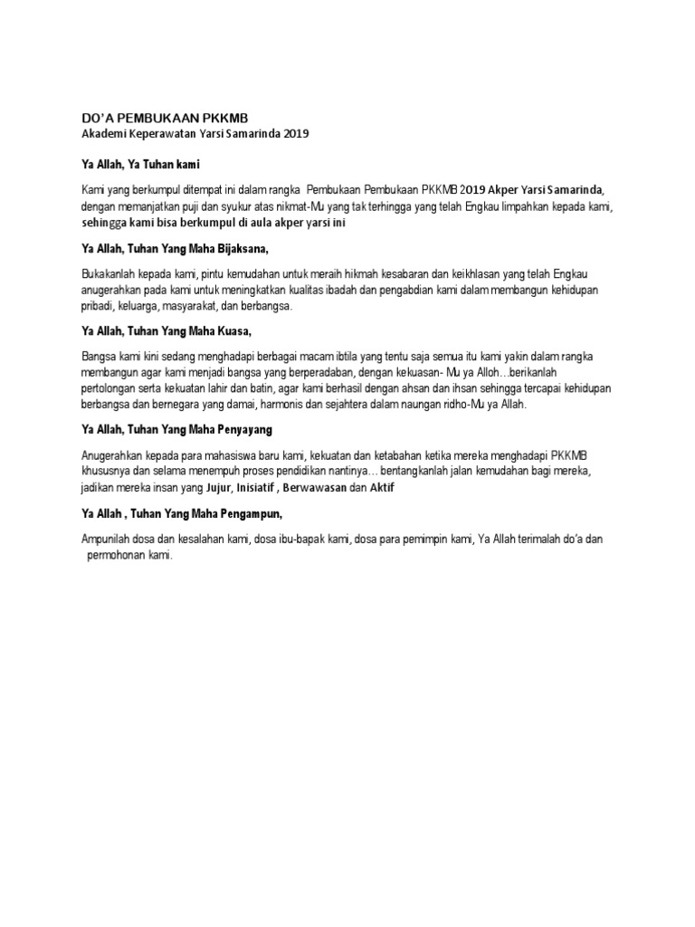 Doa Pembukaan Pkkmb